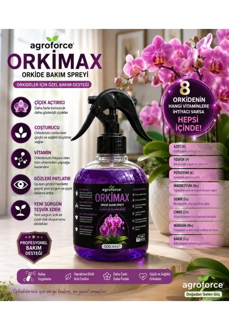 AGROFORCE ORKİMAX Orkide Bakım Spreyi 500 ml | Orkide Vitamini, Yaprak Bakım ve Çiçek Destek Spreyi